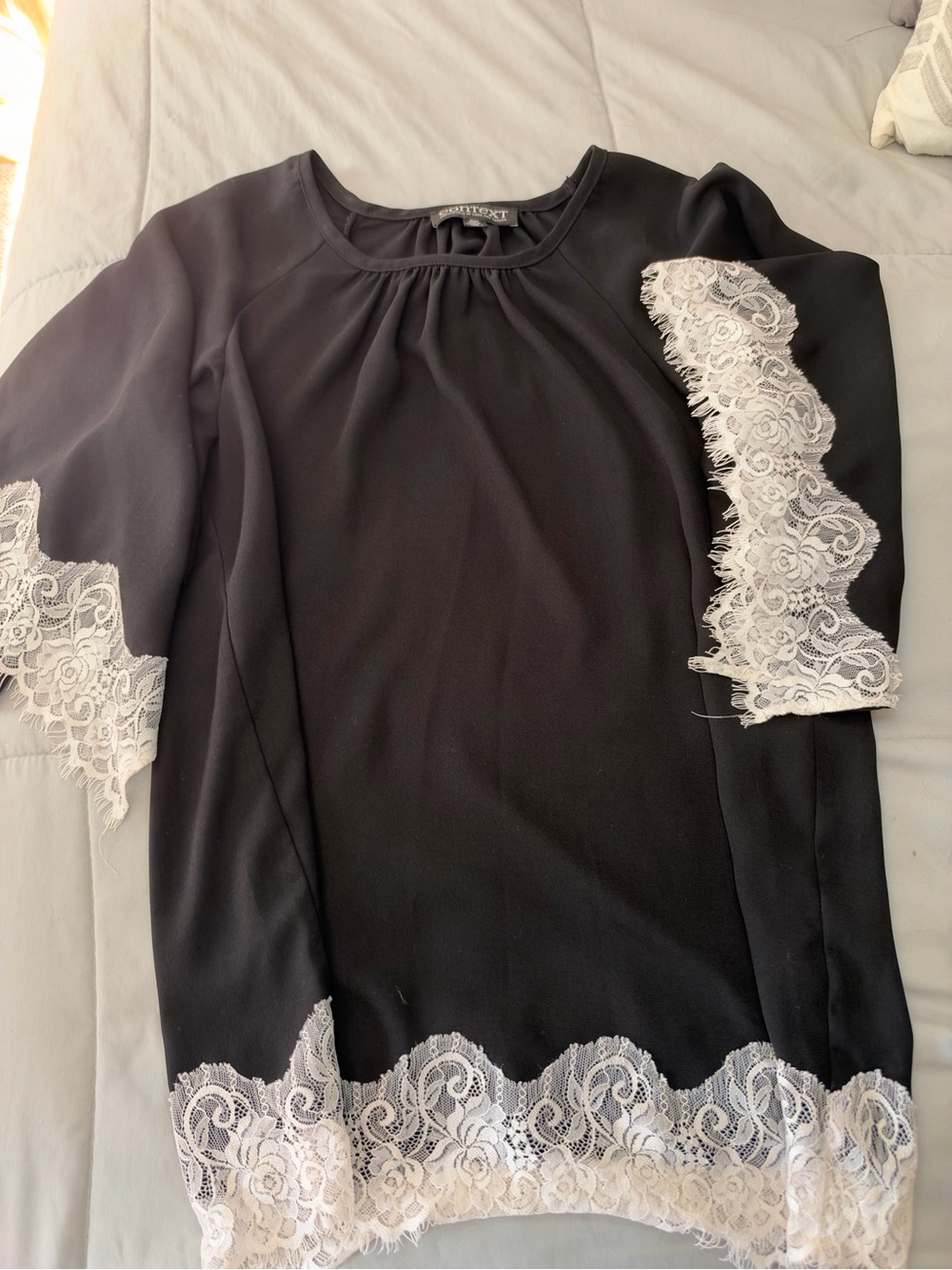 Context Black Blouse with White Lace Trim